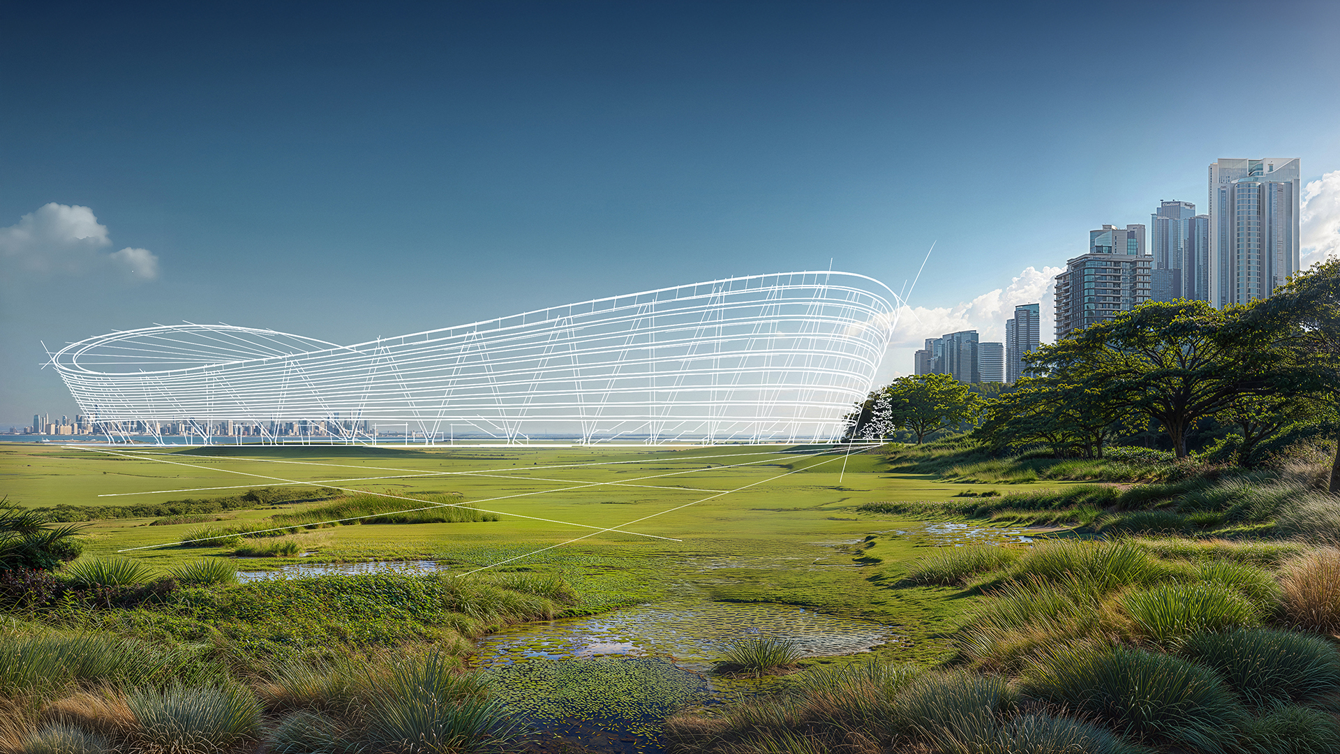 A futuristic white stadium with an intricate skeletal design is set against a clear blue sky, surrounded by lush green fields in the foreground. Tall modern skyscrapers rise on the right, while scattered trees and bushes add natural elements to the scene.
